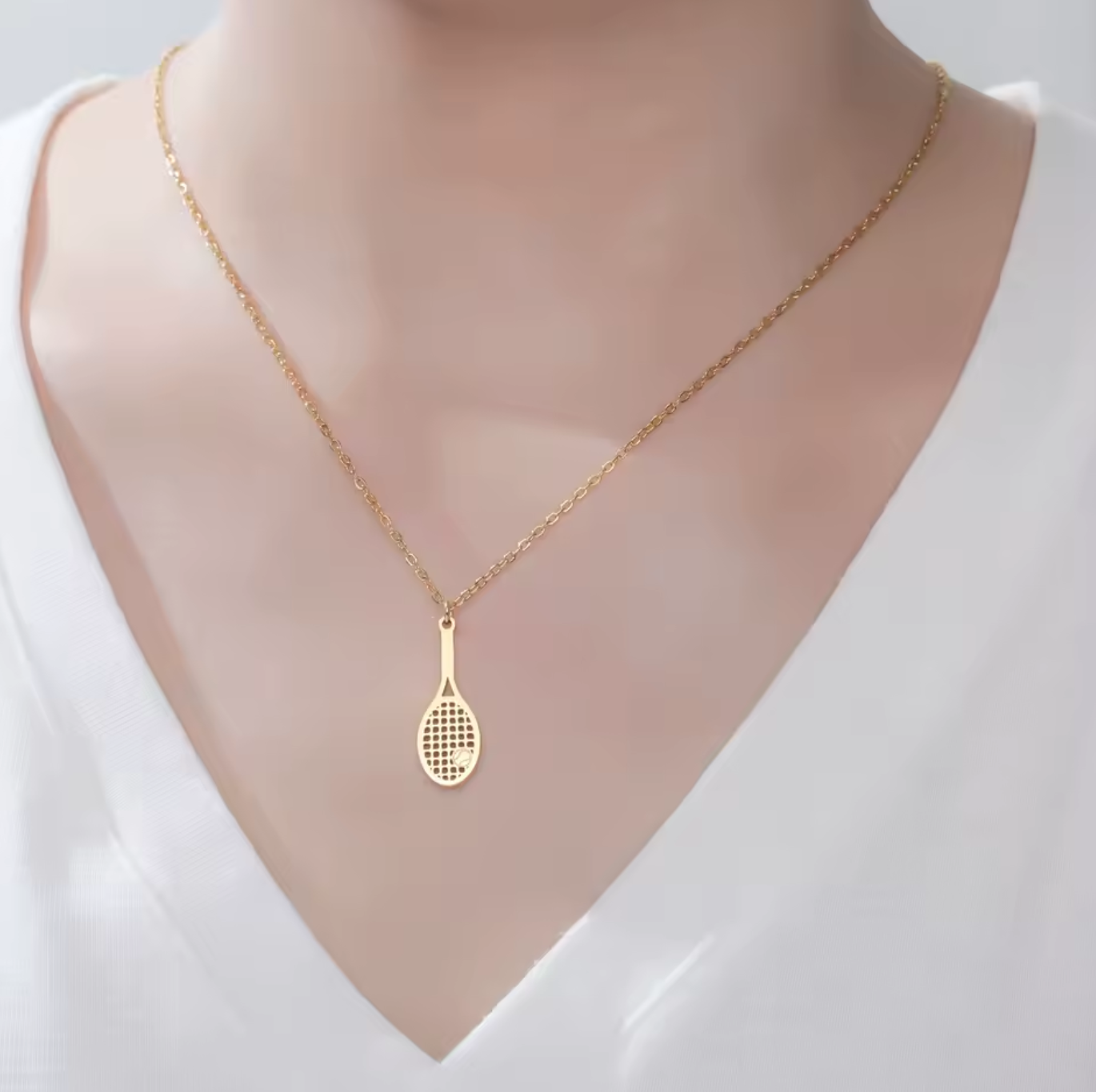Gold Tennis Racket Pendant Necklace